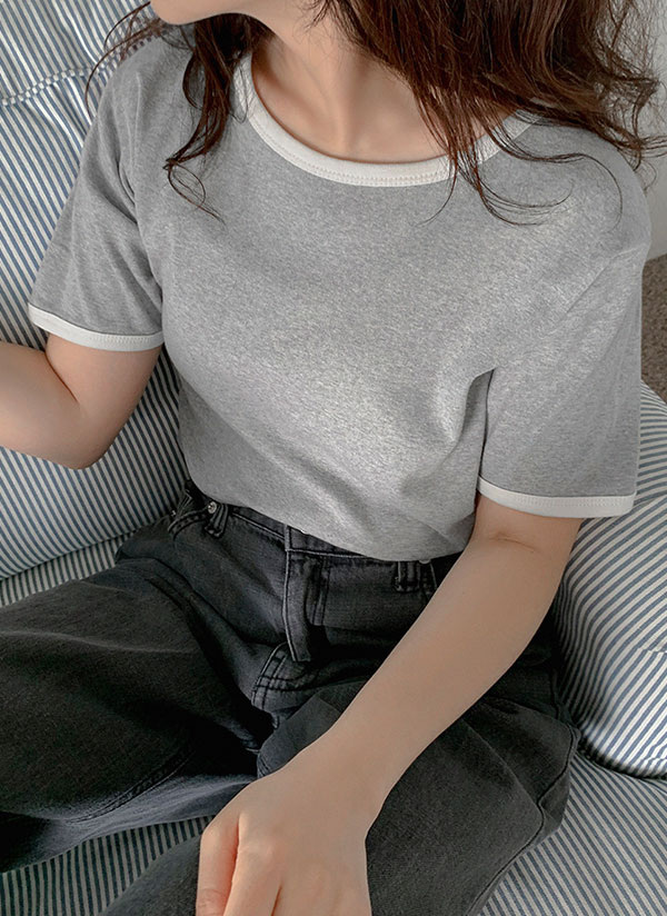 コットンラウンドネッククロップド配色Tシャツ | レディース