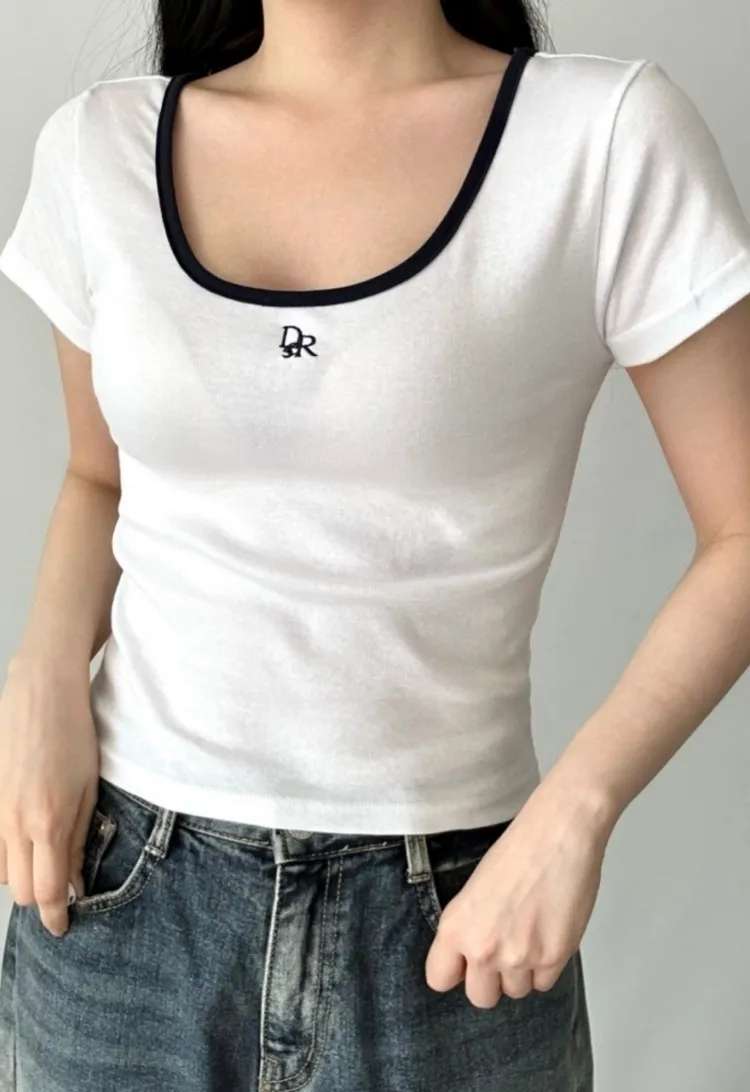 Uネックスリム刺繍配色Tシャツ | 詳細画像1