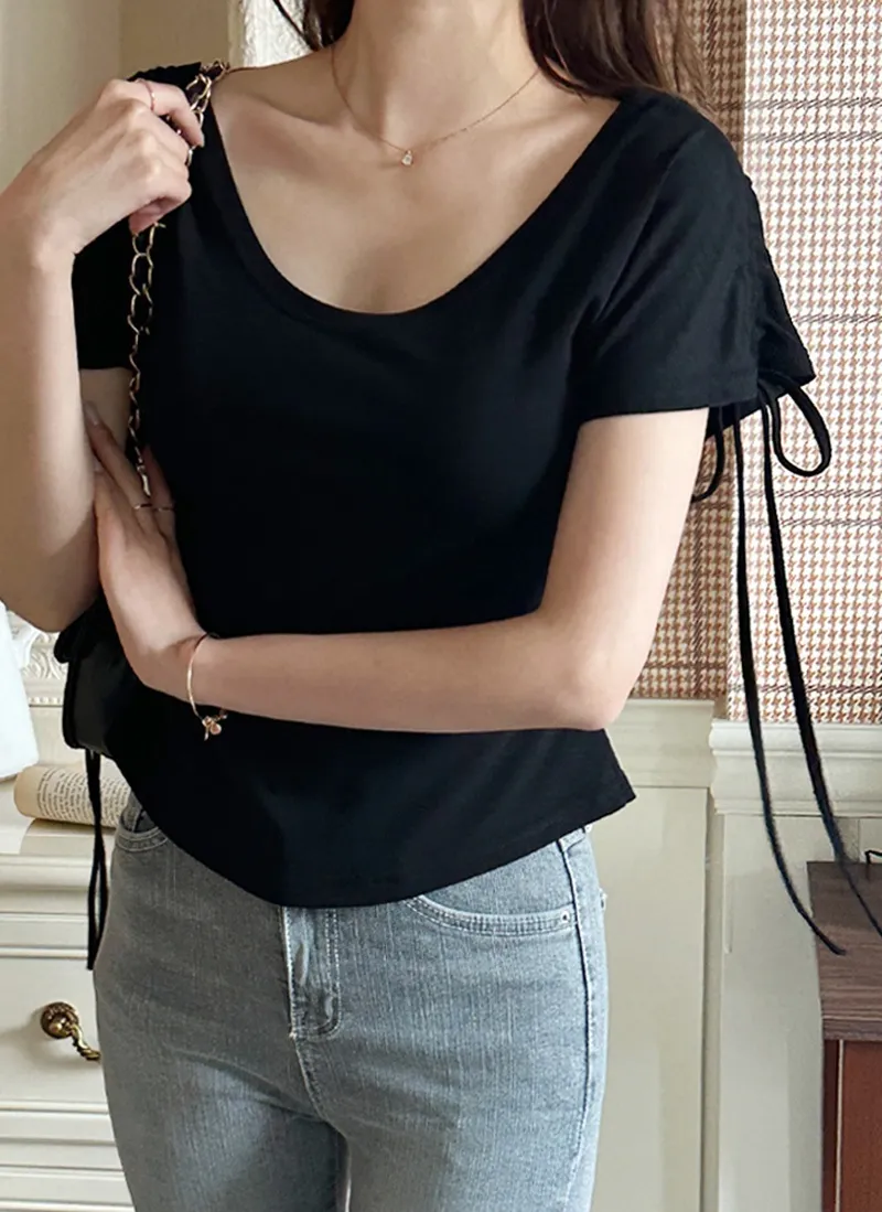 Uネックドローストリング半袖ギャザーTシャツ | DHOLIC | 詳細画像1