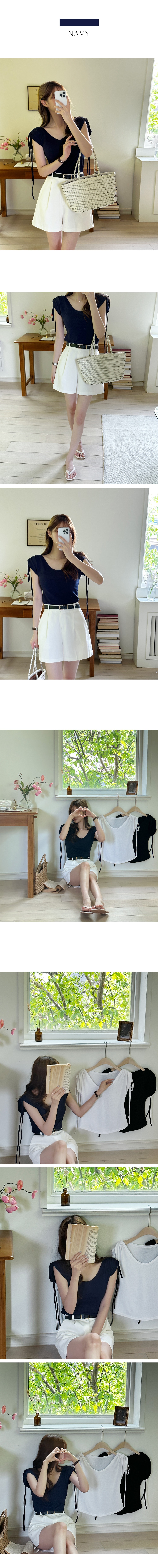Uネックドローストリング半袖ギャザーTシャツ | DHOLIC | 詳細画像3