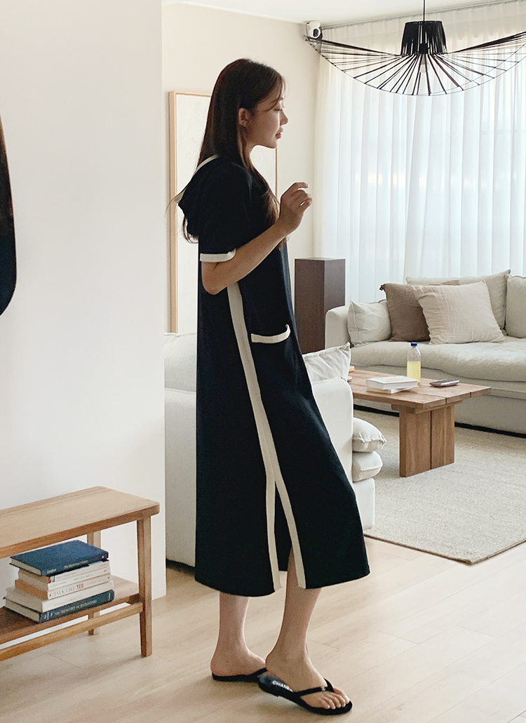 ■DAKS ベルテッド リネン混紡 半袖ワンピース ニット半袖ロングフード配色ワンピース | レディース