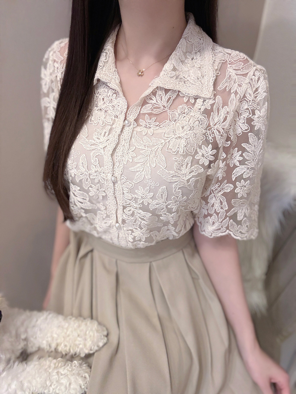 シースルーレース半袖ブラウス | 詳細画像3