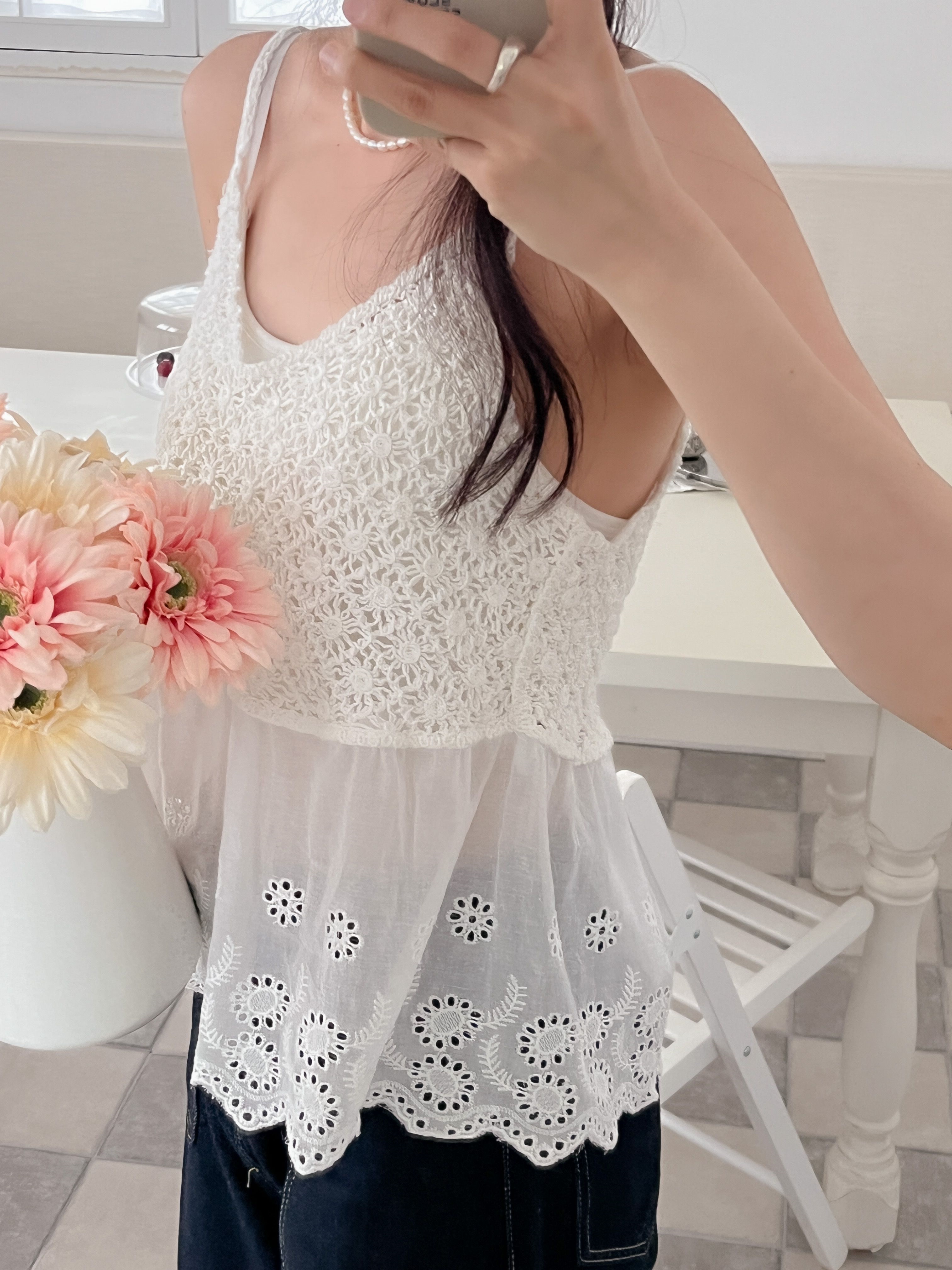 レースニットパンチングルーズ刺繍花柄キャミソール | 詳細画像2