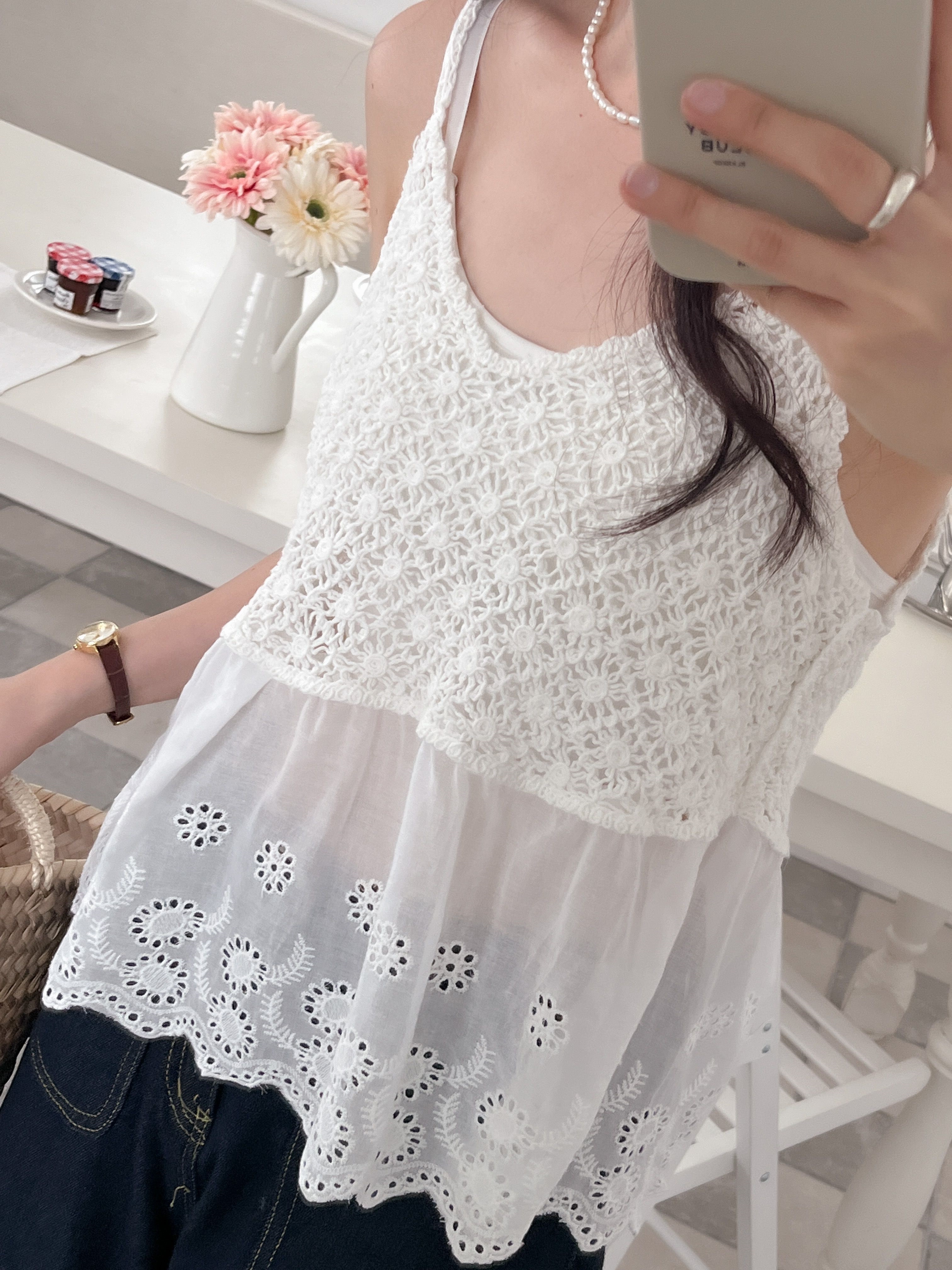 レースニットパンチングルーズ刺繍花柄キャミソール | 詳細画像9