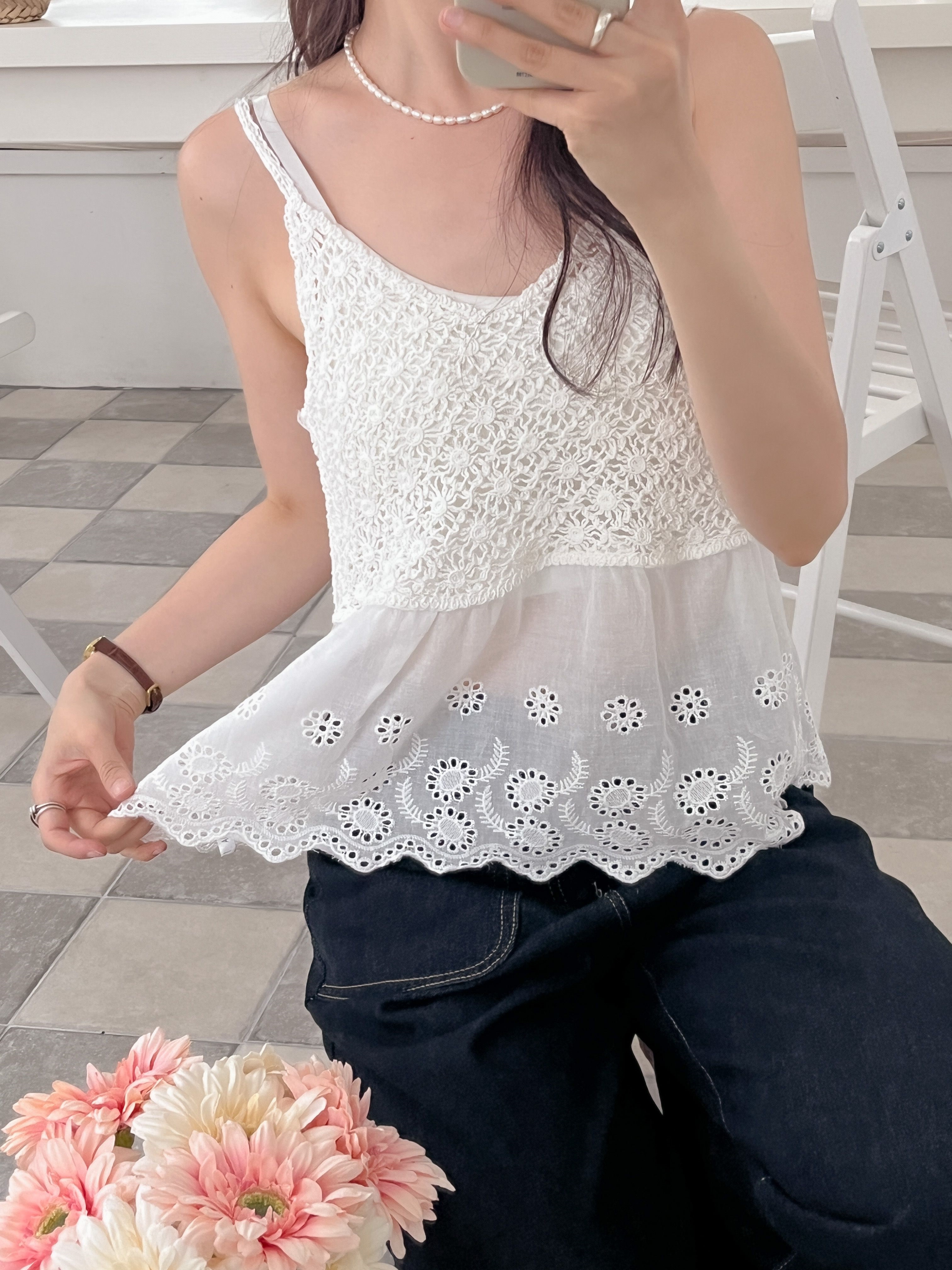 レースニットパンチングルーズ刺繍花柄キャミソール | 詳細画像13