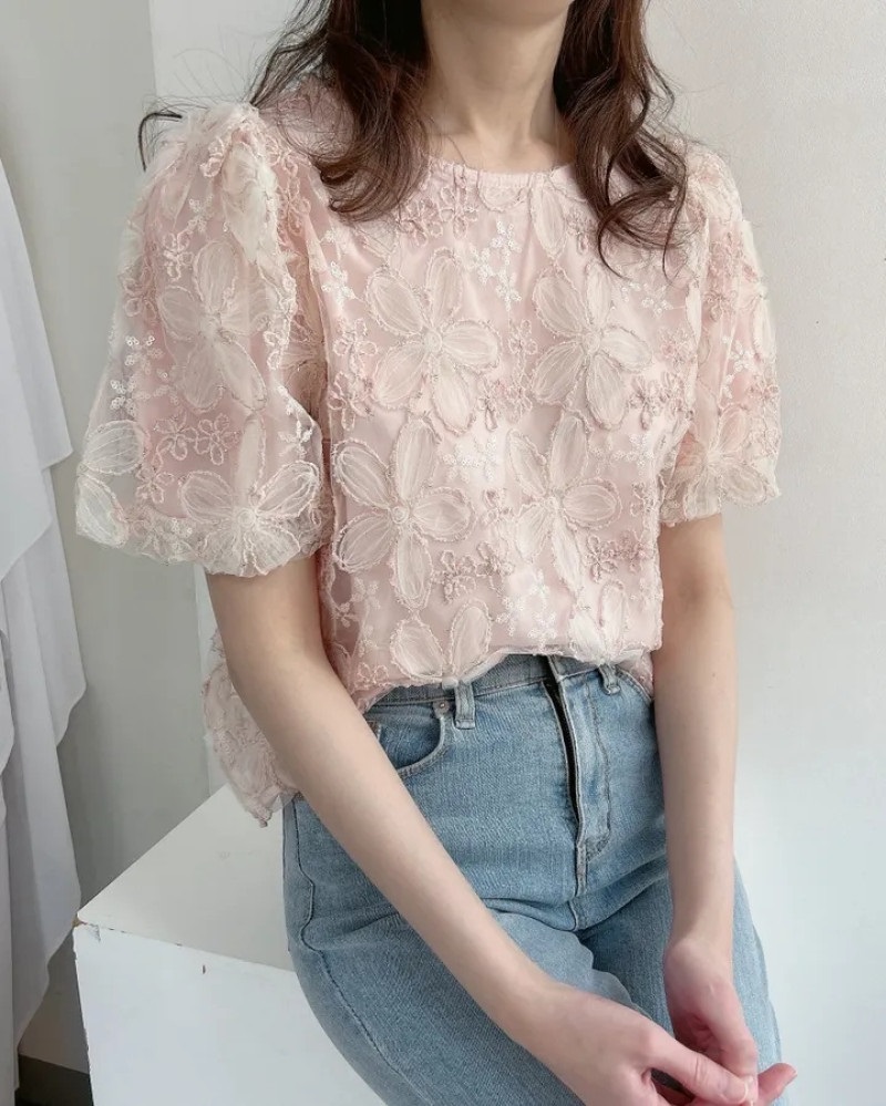 シフォンレース半袖花柄ブラウス | 詳細画像3