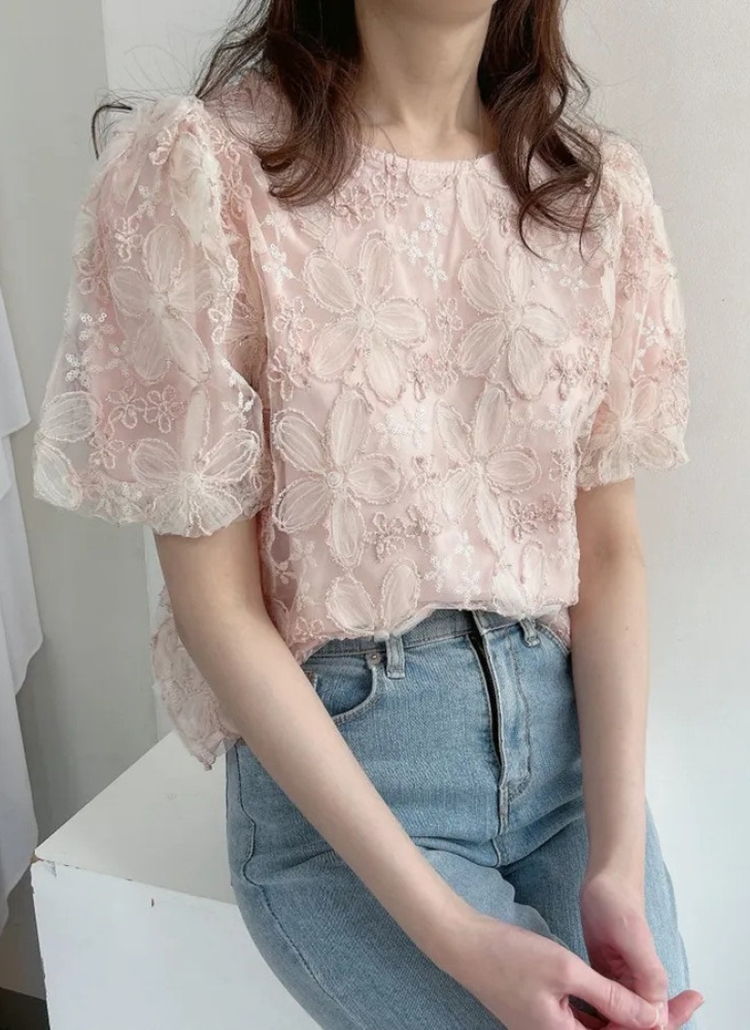 シフォンレース半袖花柄ブラウス | レディースファッション通販 - DHOLIC