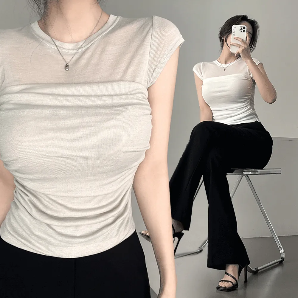 シースルーソフトクールフレンチスリーブスリム半袖ギャザーTシャツ | ganadaran | 詳細画像1