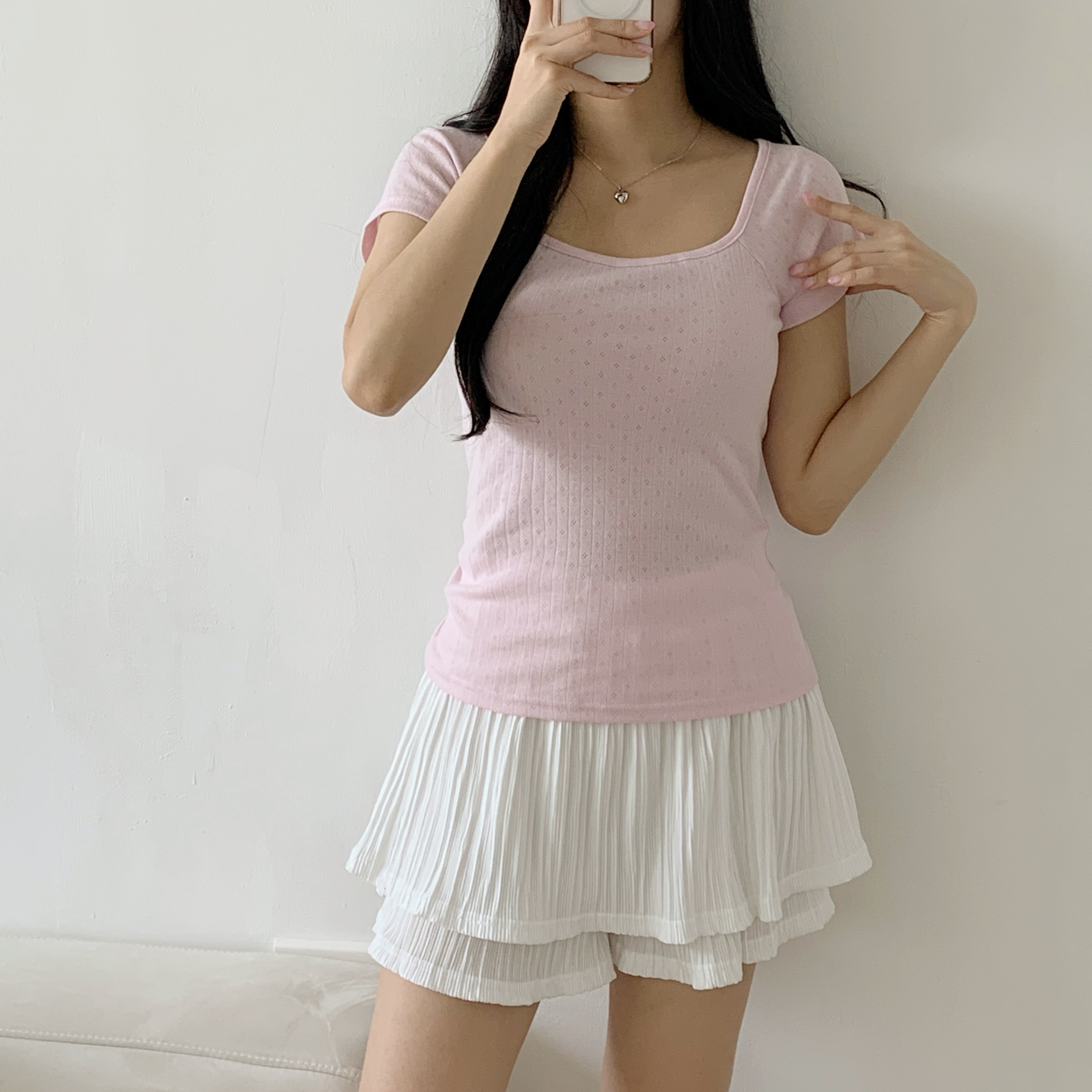 パンチングスクエアネックベーシック半袖カラーTシャツ | 詳細画像2