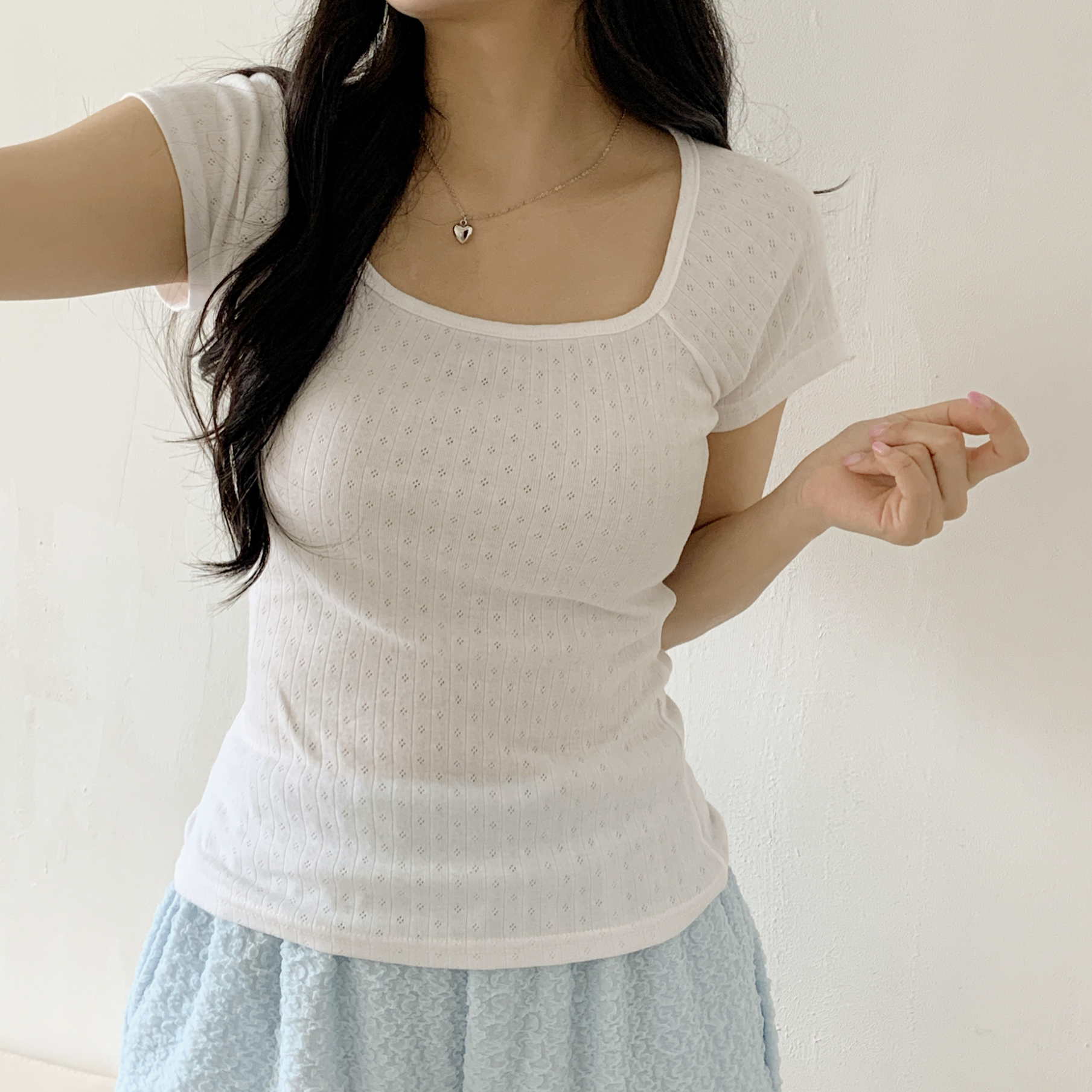 パンチングスクエアネックベーシック半袖カラーTシャツ | 詳細画像10