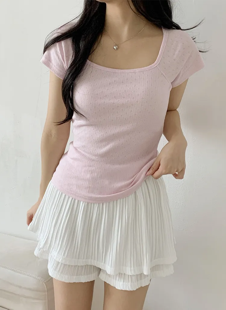 パンチングスクエアネックベーシック半袖カラーTシャツ | 詳細画像1