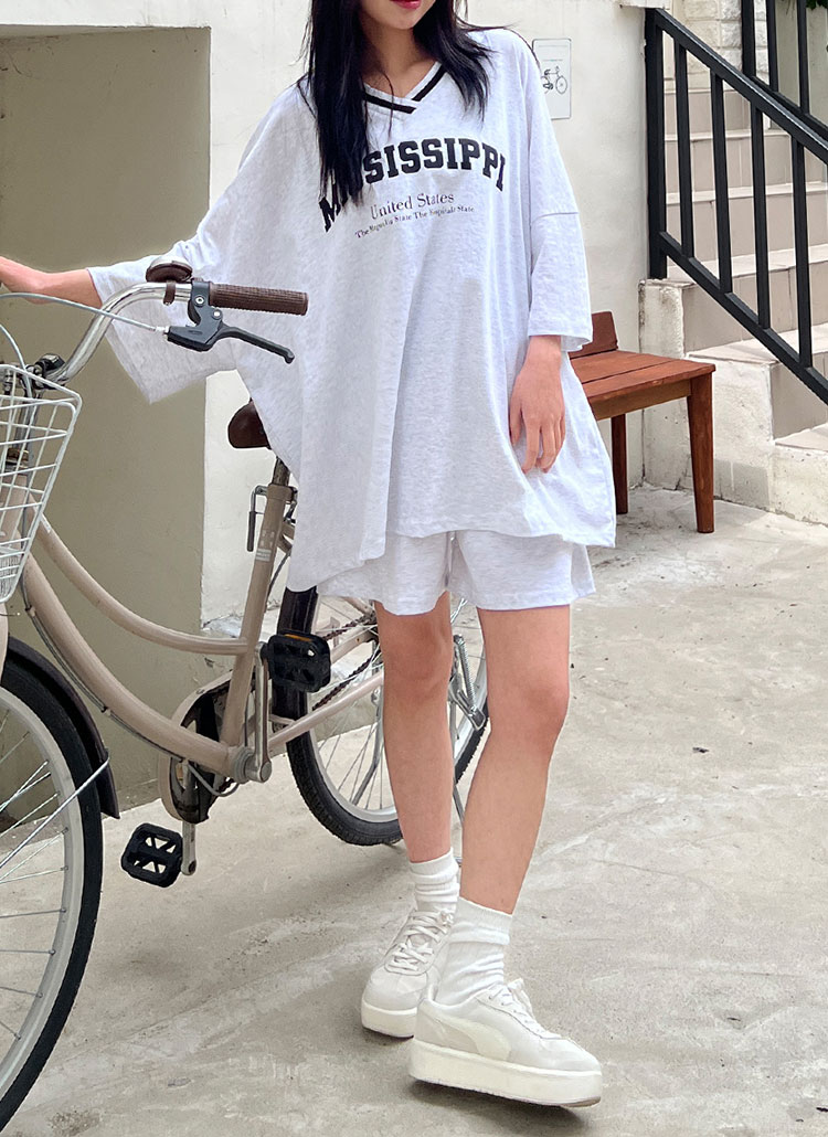 Vネックゴムオーバーサイズ半袖セットアップTシャツショートパンツ