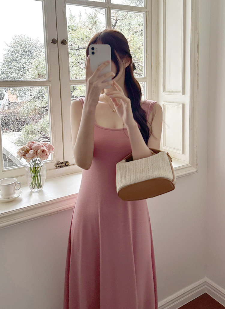 選べる丈]スクエアネックロングミディミニ無地カラーノースリ