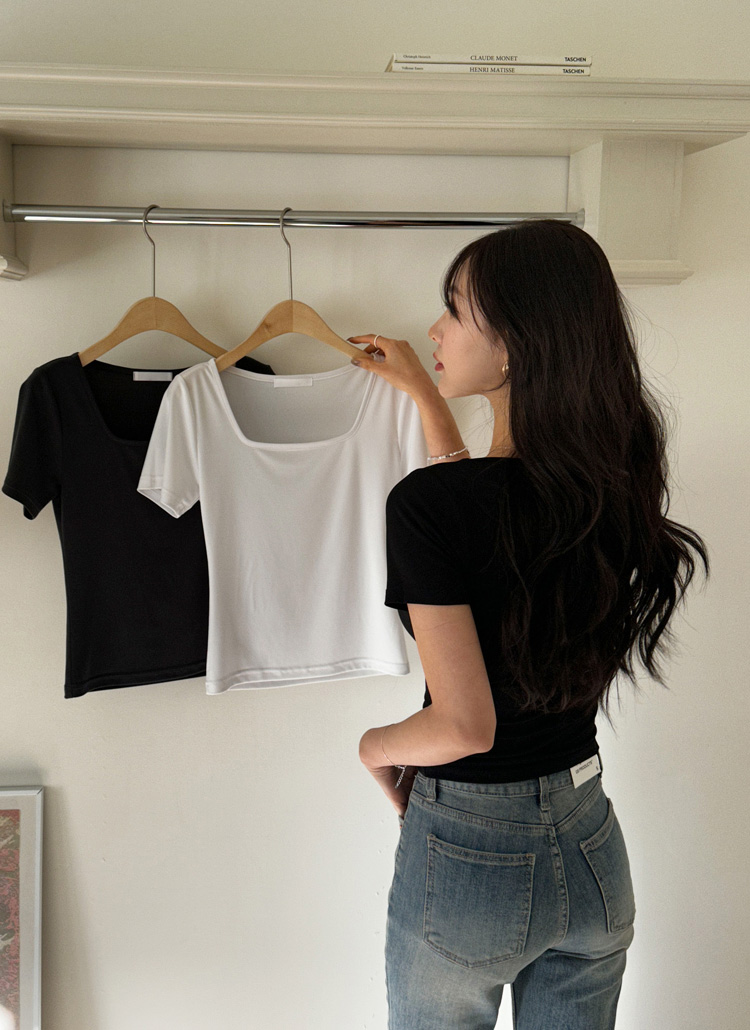 選べる丈]スクエアネッククロップドスリム無地Tシャツ | レディース