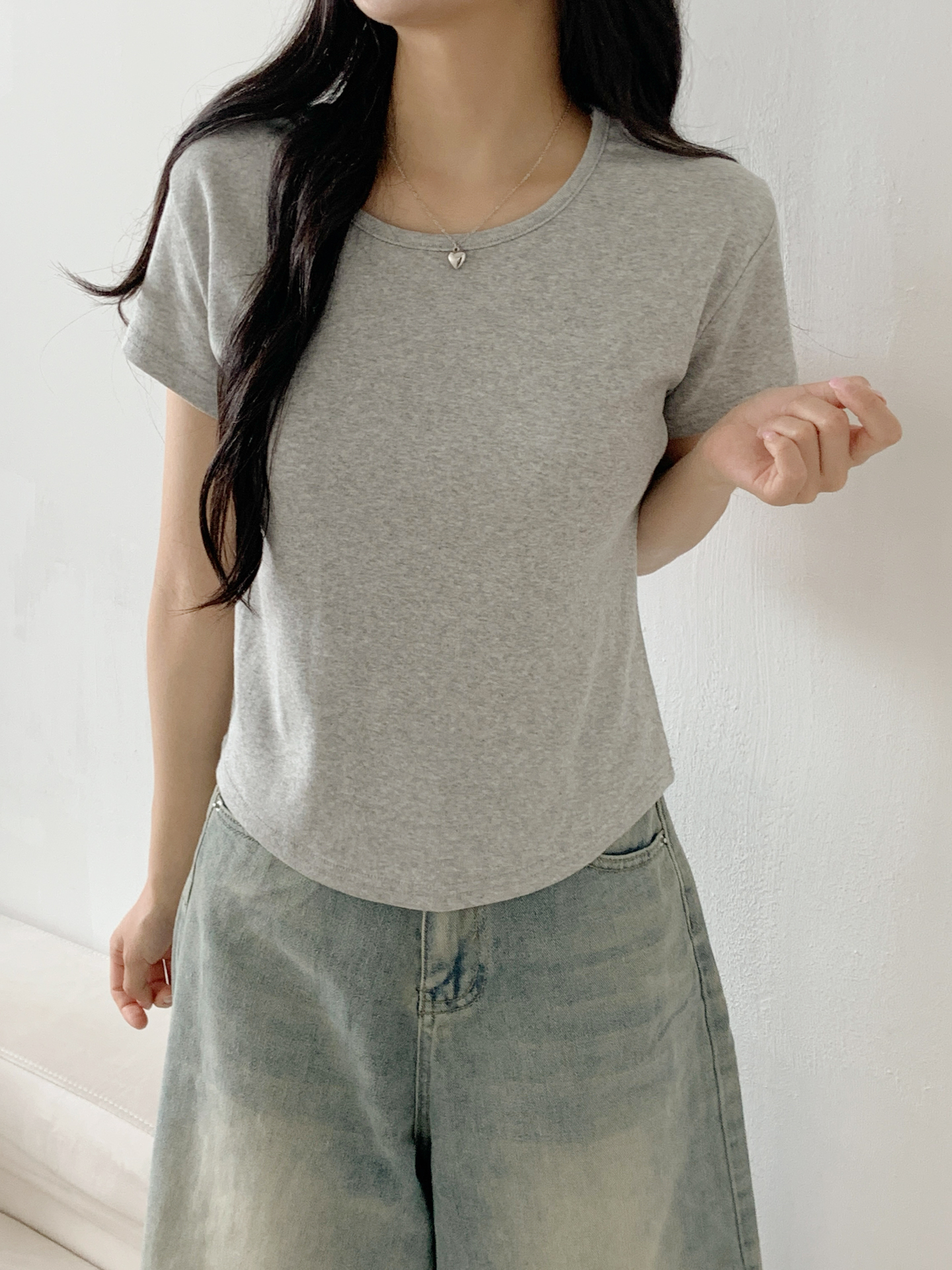 コットンUネックシンプルベーシック半袖無地Tシャツ | 詳細画像7