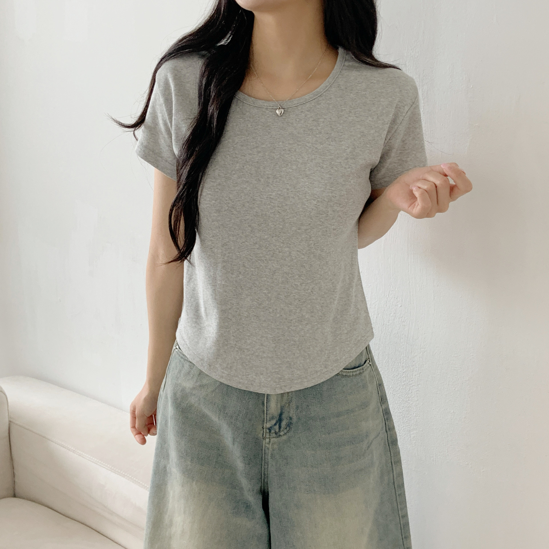 コットンUネックシンプルベーシック半袖無地Tシャツ | 詳細画像9