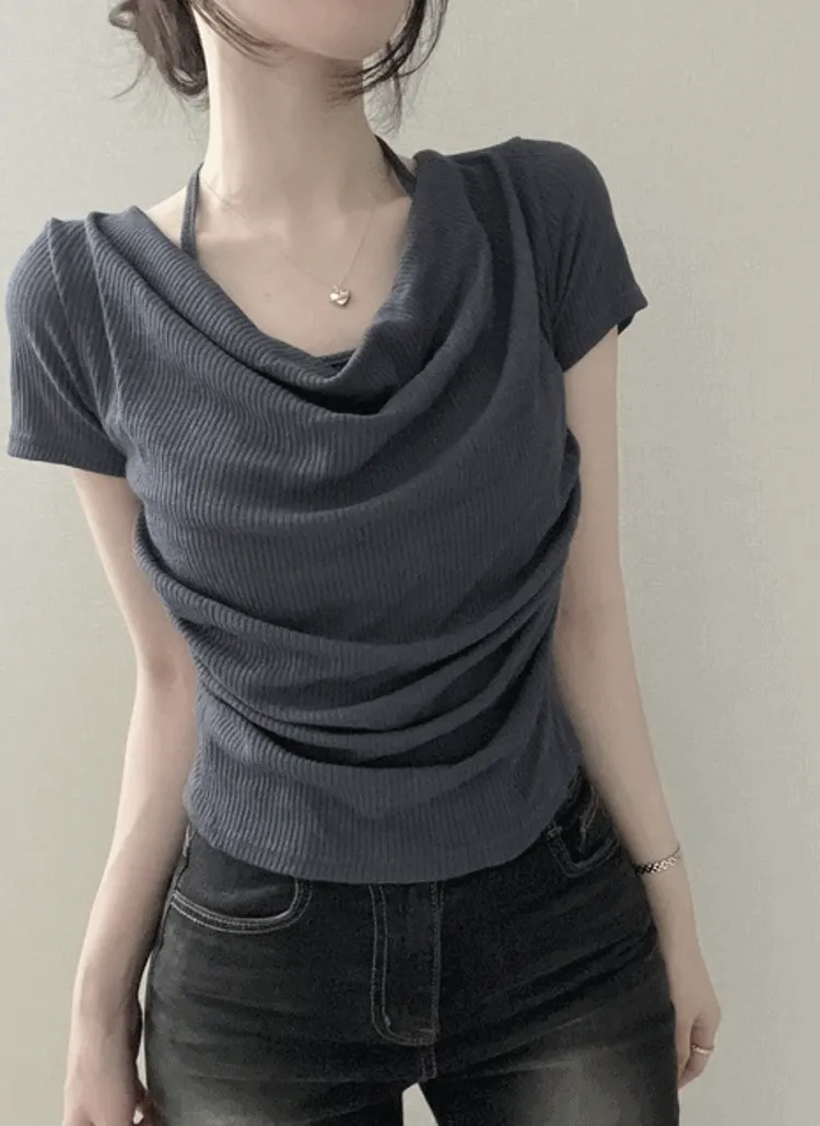 ストレッチリブ半袖ラウンドネックホルターネックレイヤード風スリムTシャツ | NEEDON | 詳細画像1