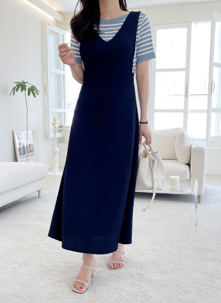 Vネックロングフレアカラービスチェワンピース | レディース