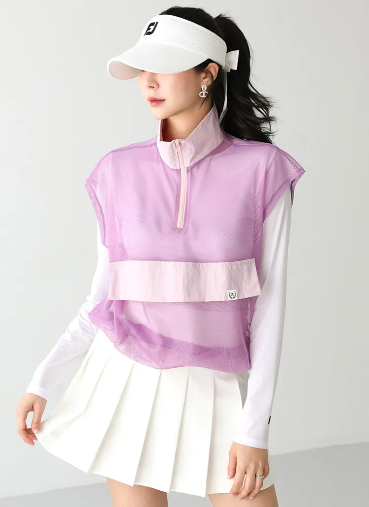 メッシュジップアップハイネックドローストリングフラップポケット配色ベスト | pippin | 詳細画像1