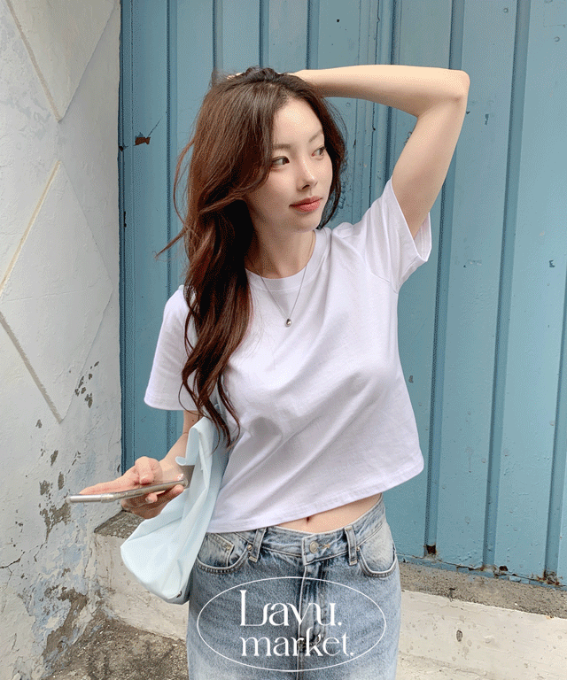 ラウンドネックシンプルクロップド半袖Tシャツ | レディース