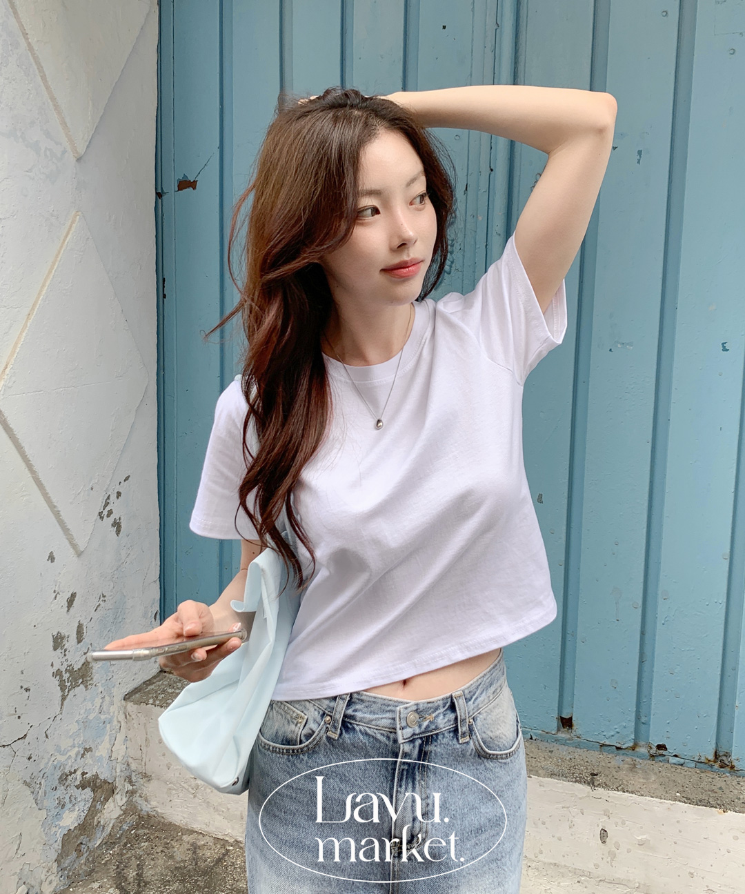 ラウンドネックシンプルクロップド半袖Tシャツ | レディース