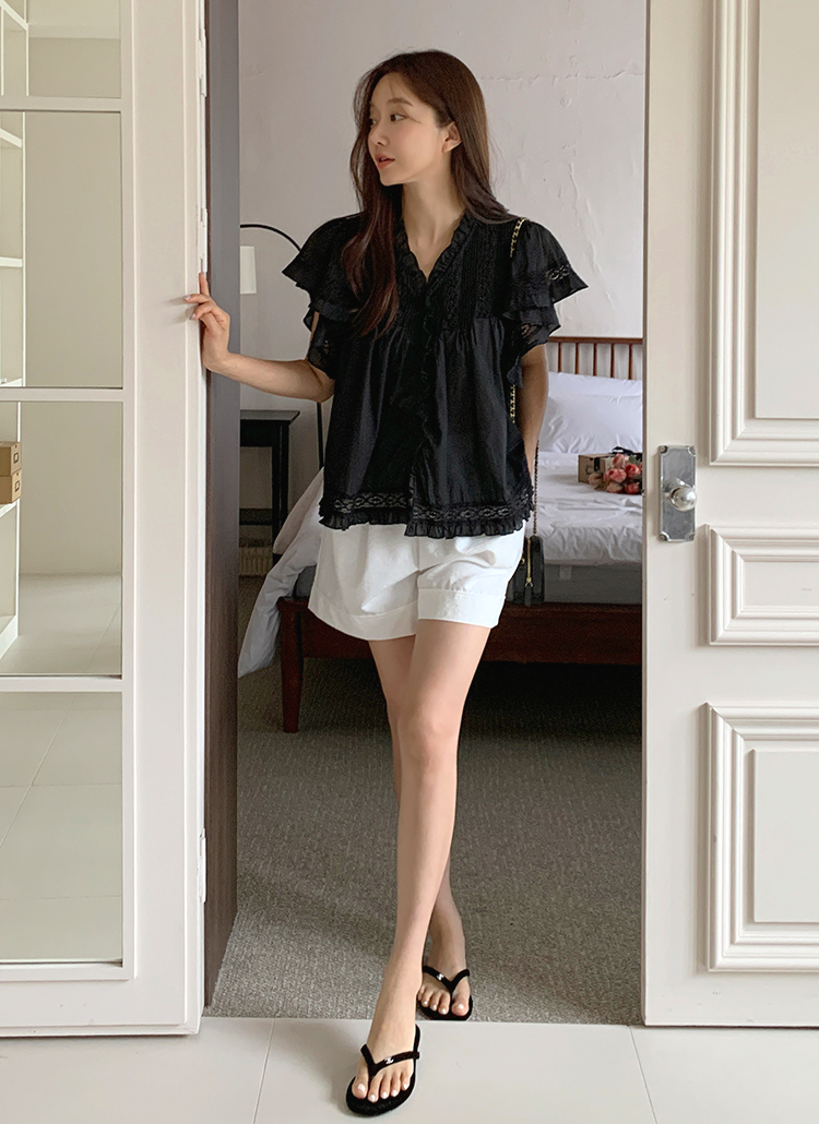 コットンレース半袖フリルピンタックブラウス | レディース