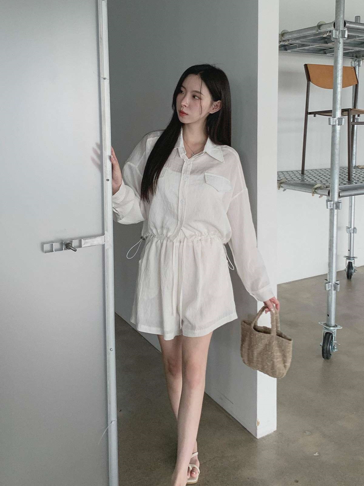 リネン混ドローストリングゴムツーポケットセットアップシャツショートパンツ | 詳細画像2