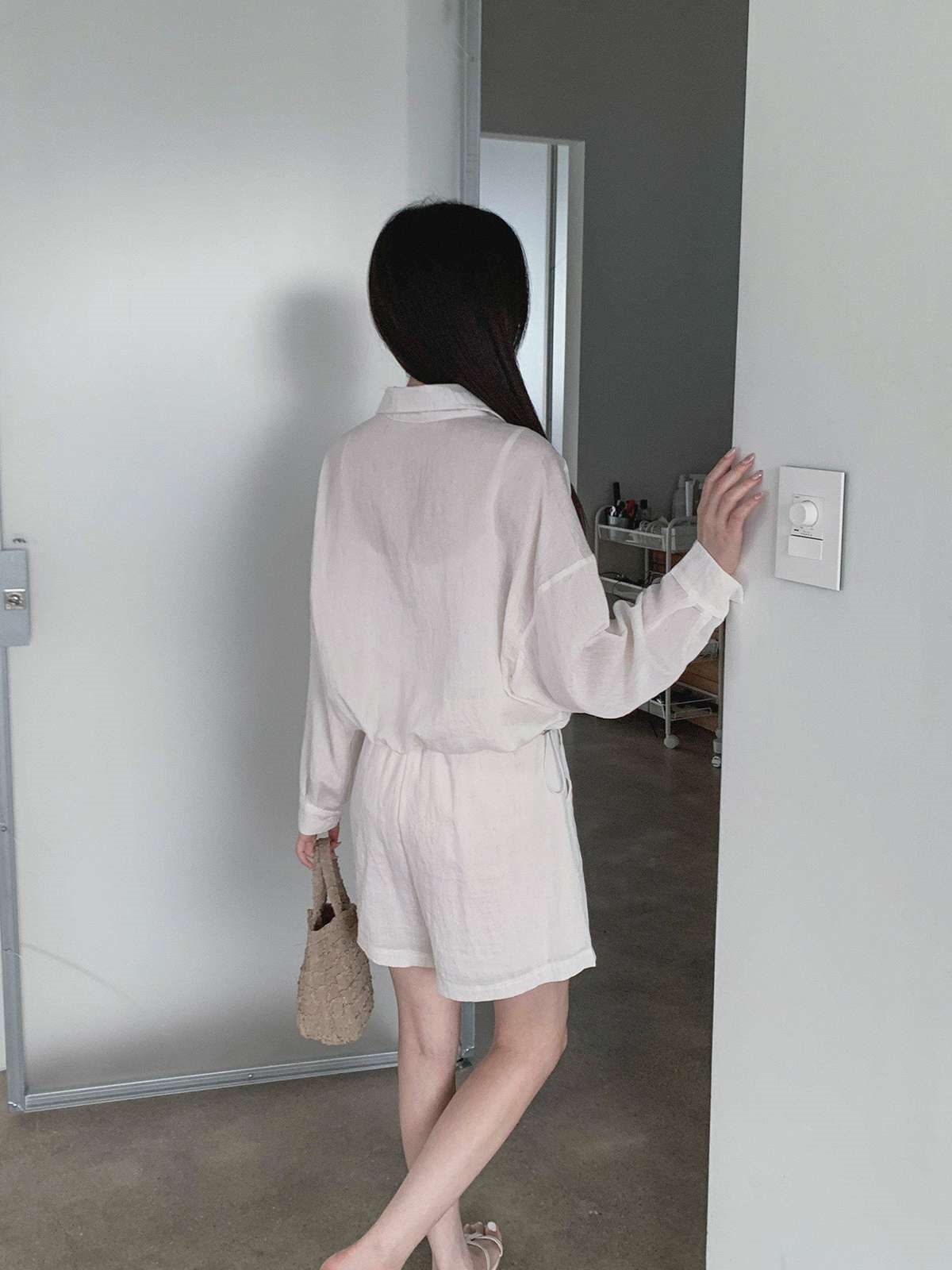 リネン混ドローストリングゴムツーポケットセットアップシャツショートパンツ | 詳細画像13