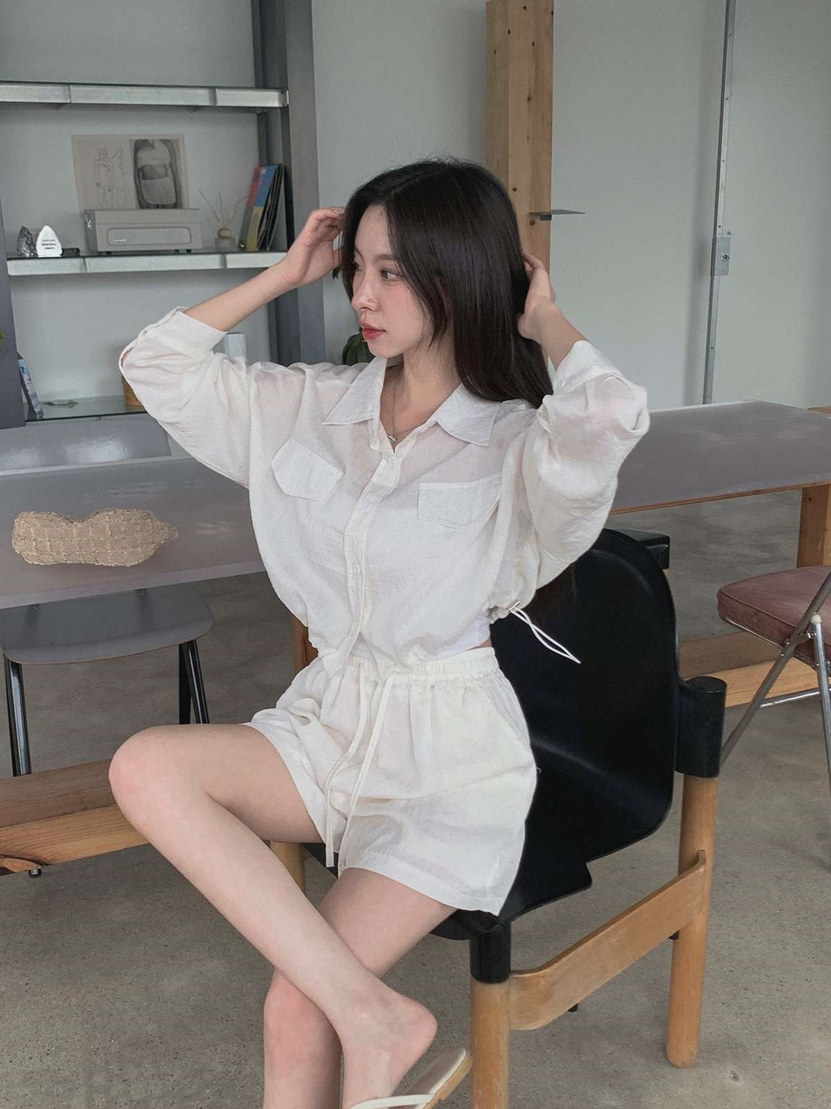 リネン混ドローストリングゴムツーポケットセットアップシャツショートパンツ | 詳細画像15