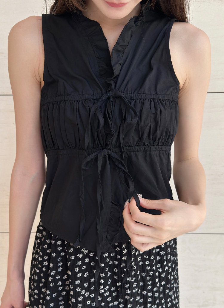 Vネックフロントリボンノースリーブトップス | レディース