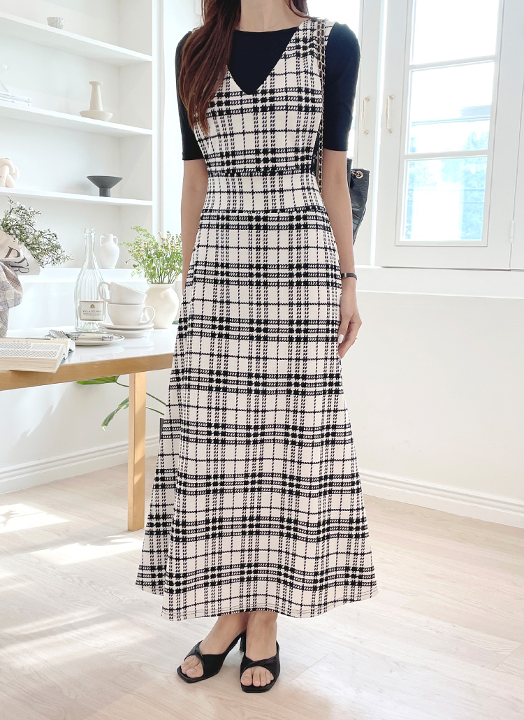 Vネックロングチェックノースリワンピース | レディースファッション