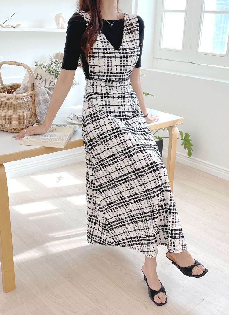 Vネックロングチェックノースリワンピース | レディースファッション