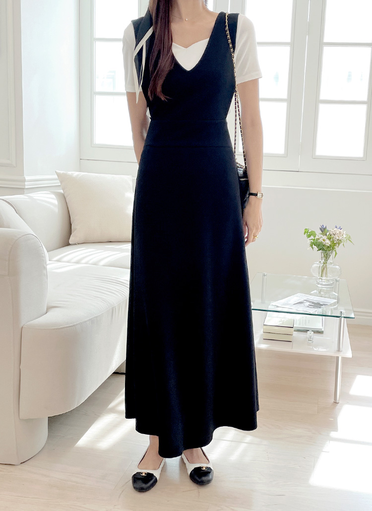 Vネックロングチェックノースリワンピース | レディースファッション