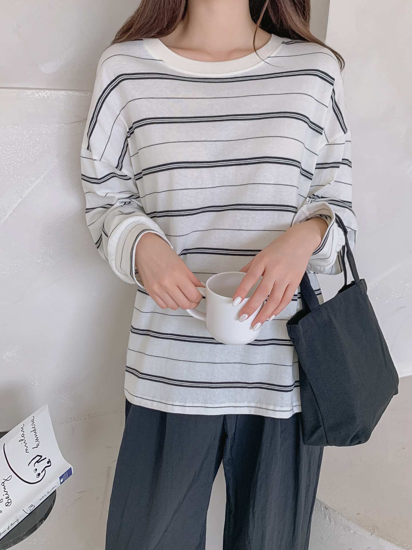 ラウンドネック長袖ボーダー配色Tシャツ | 詳細画像9