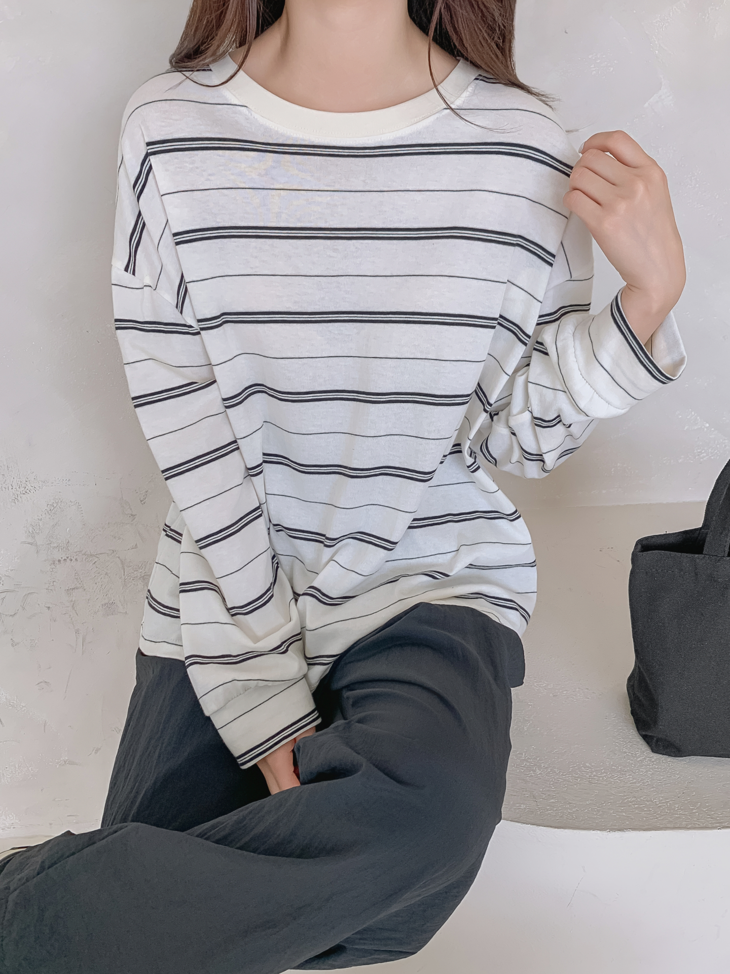 ラウンドネック長袖ボーダー配色Tシャツ | 詳細画像10
