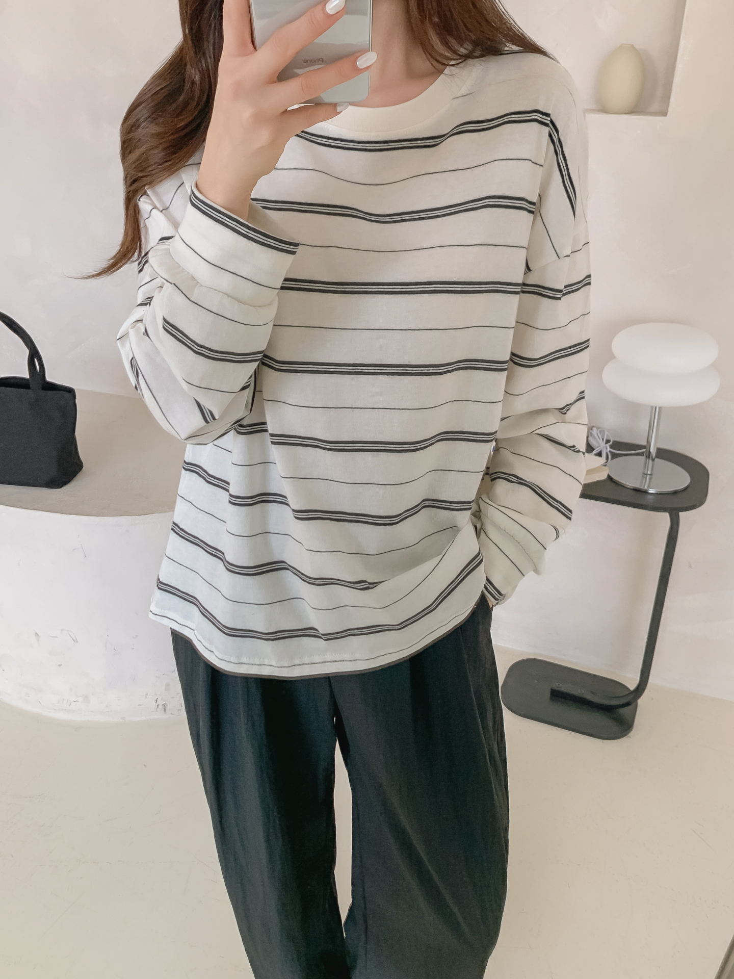 ラウンドネック長袖ボーダー配色Tシャツ | 詳細画像15