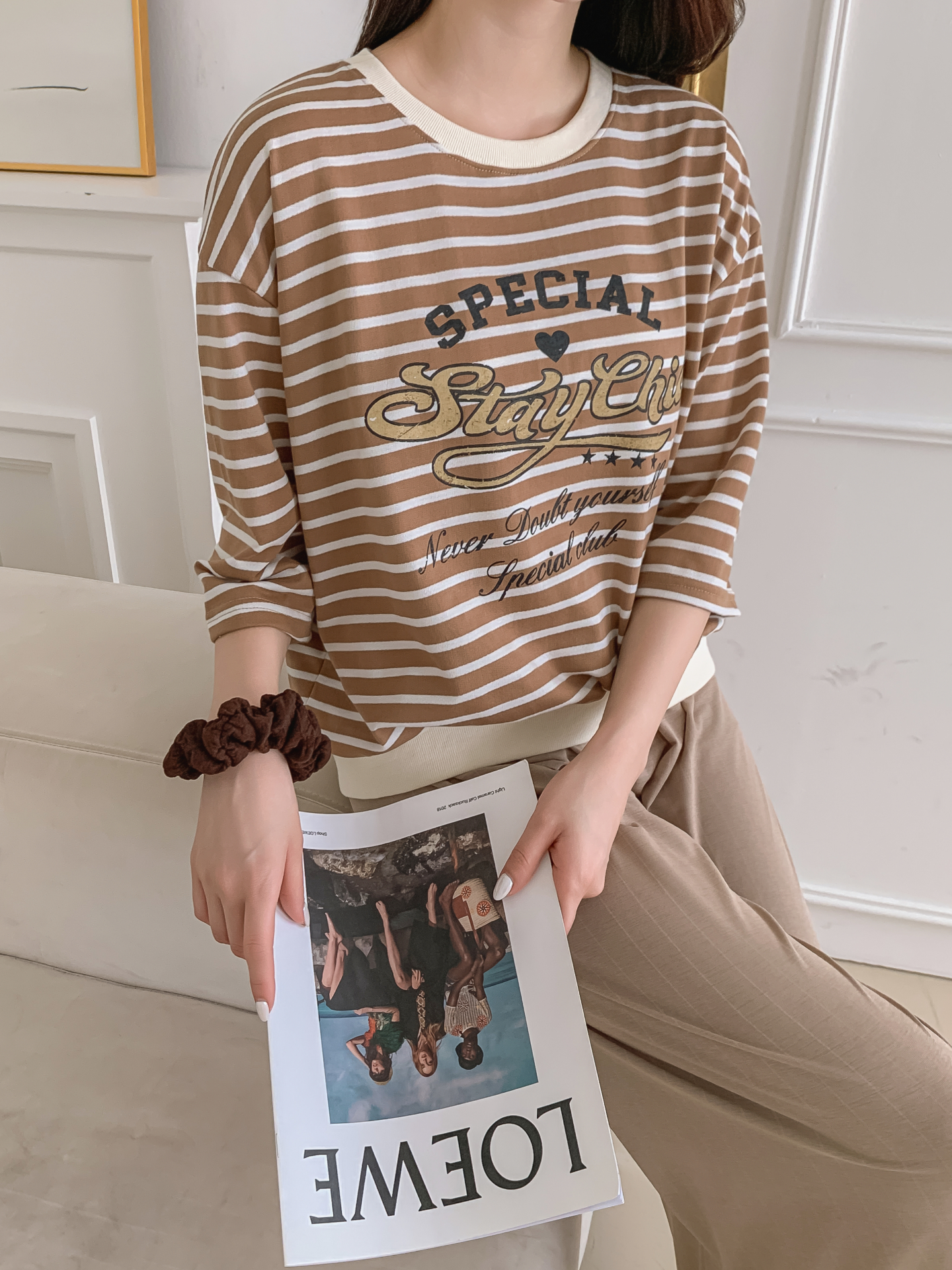 ラウンドネック7分袖ボーダーTシャツスウェット | 詳細画像13