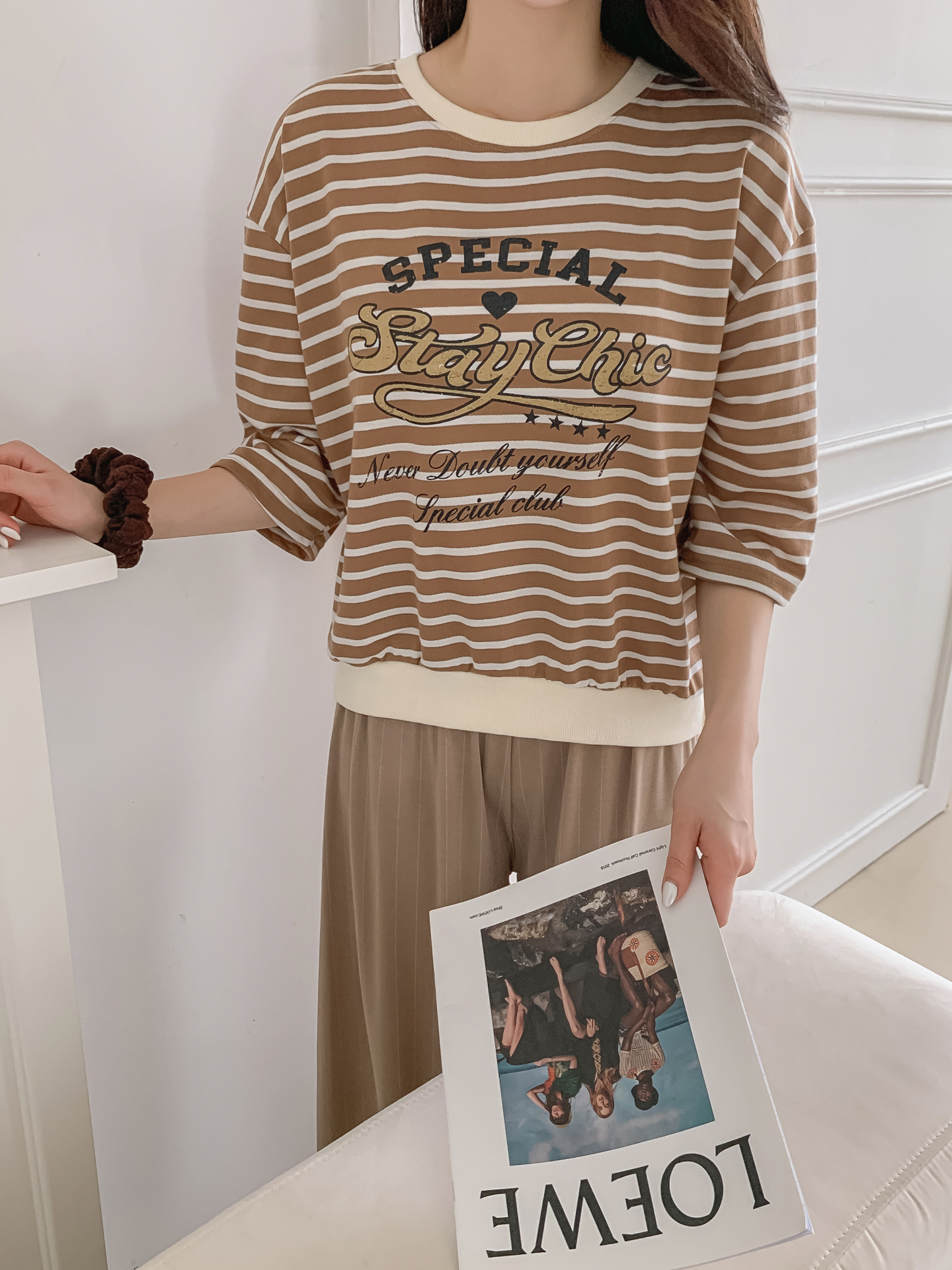 ラウンドネック7分袖ボーダーTシャツスウェット | 詳細画像15