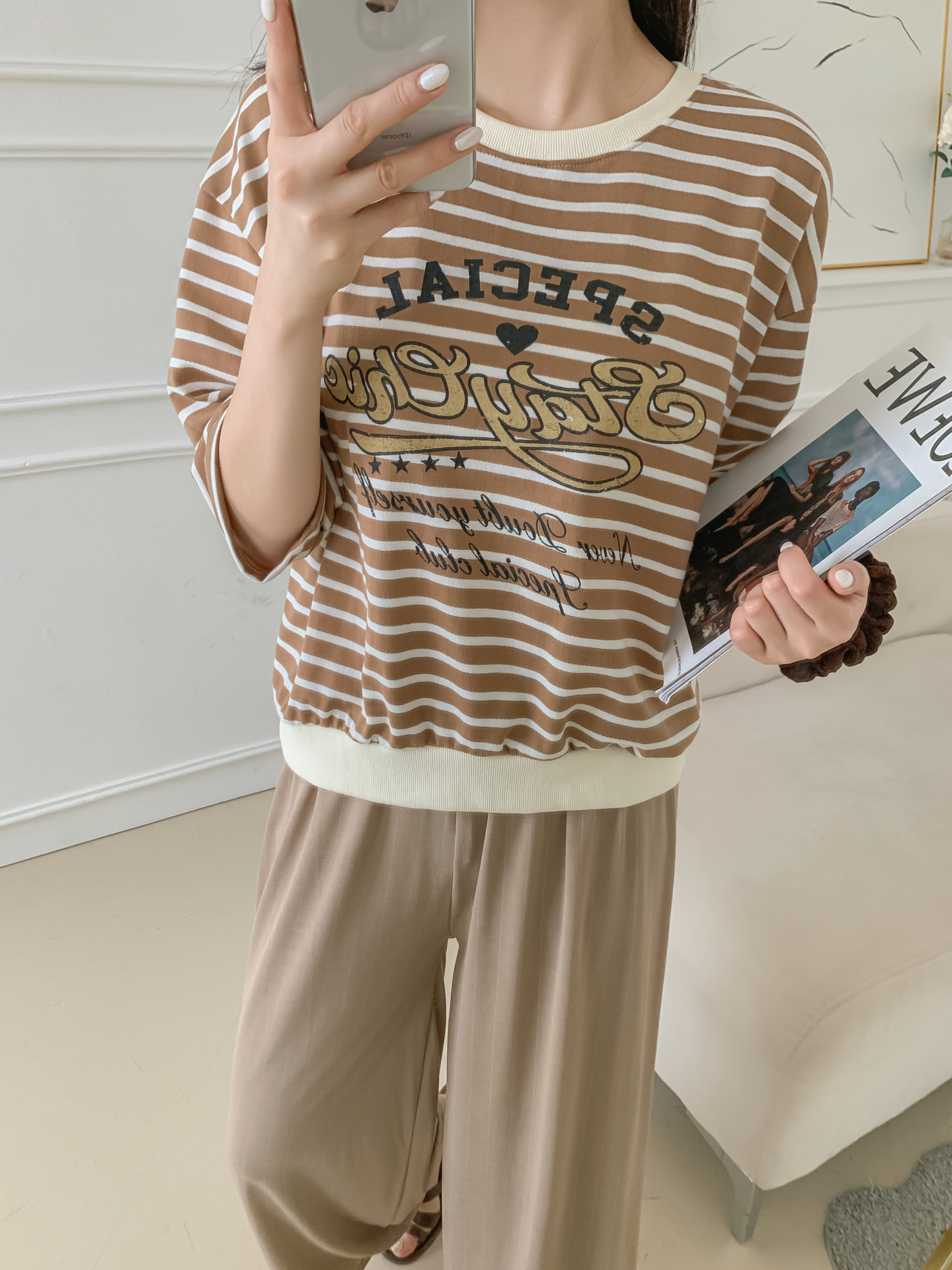 ラウンドネック7分袖ボーダーTシャツスウェット | 詳細画像18