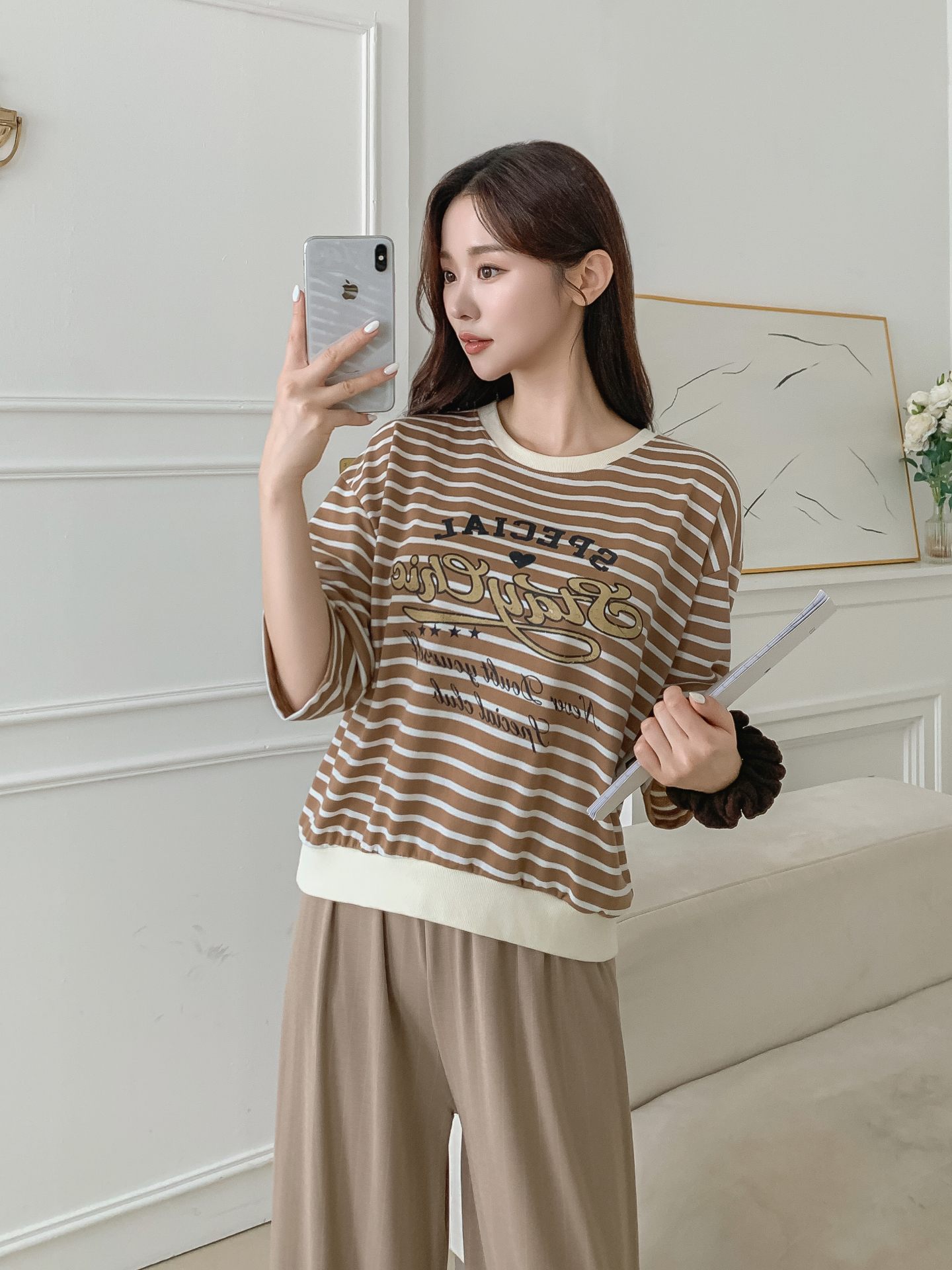 ラウンドネック7分袖ボーダーTシャツスウェット | 詳細画像17