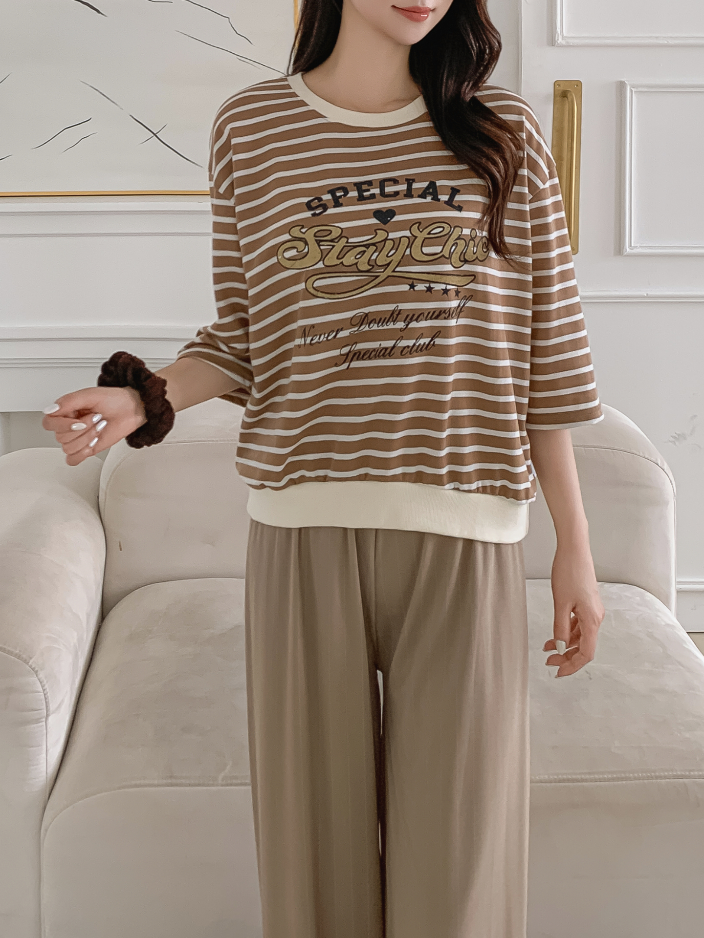 ラウンドネック7分袖ボーダーTシャツスウェット | 詳細画像2
