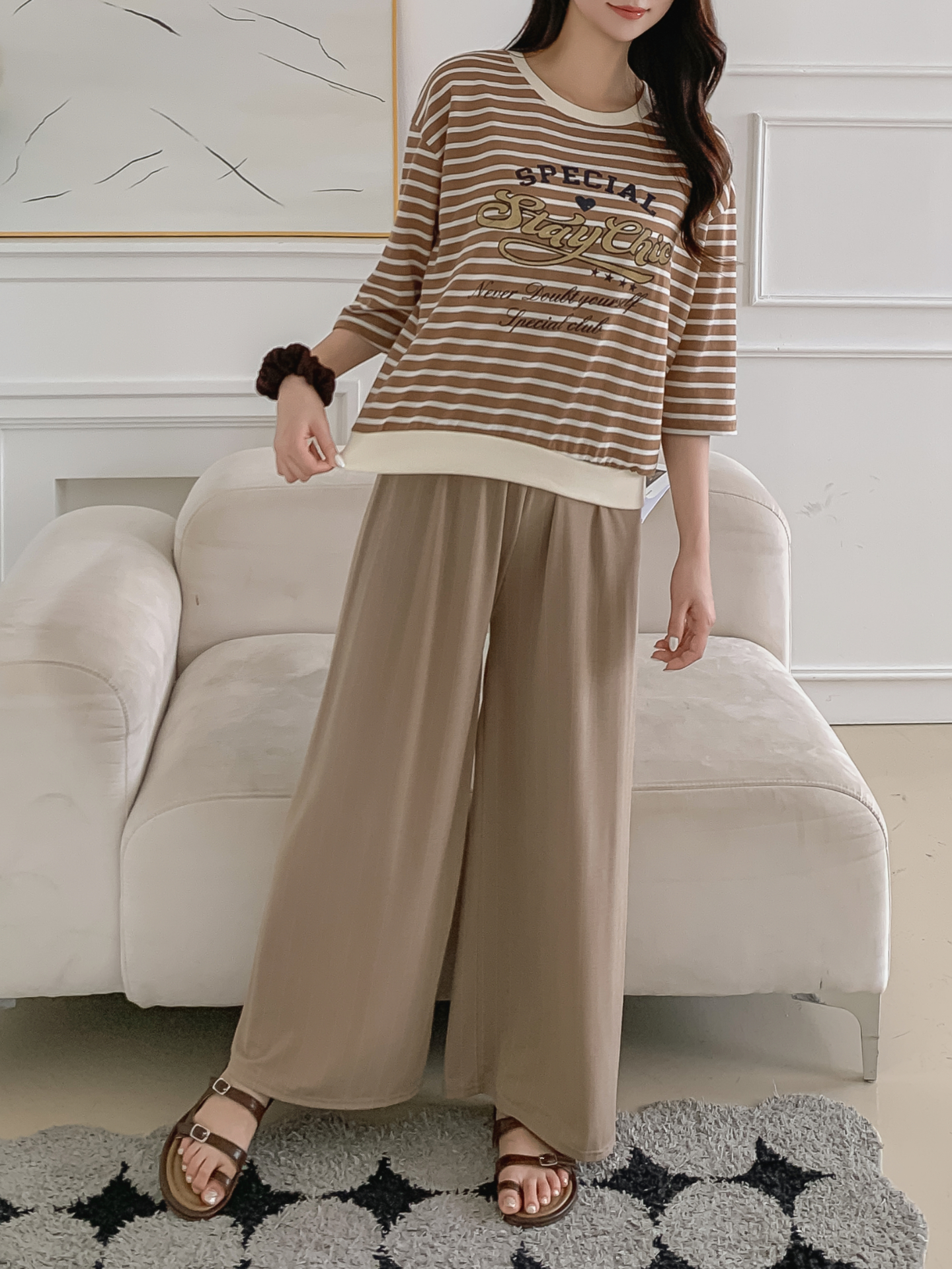 ラウンドネック7分袖ボーダーTシャツスウェット | 詳細画像3