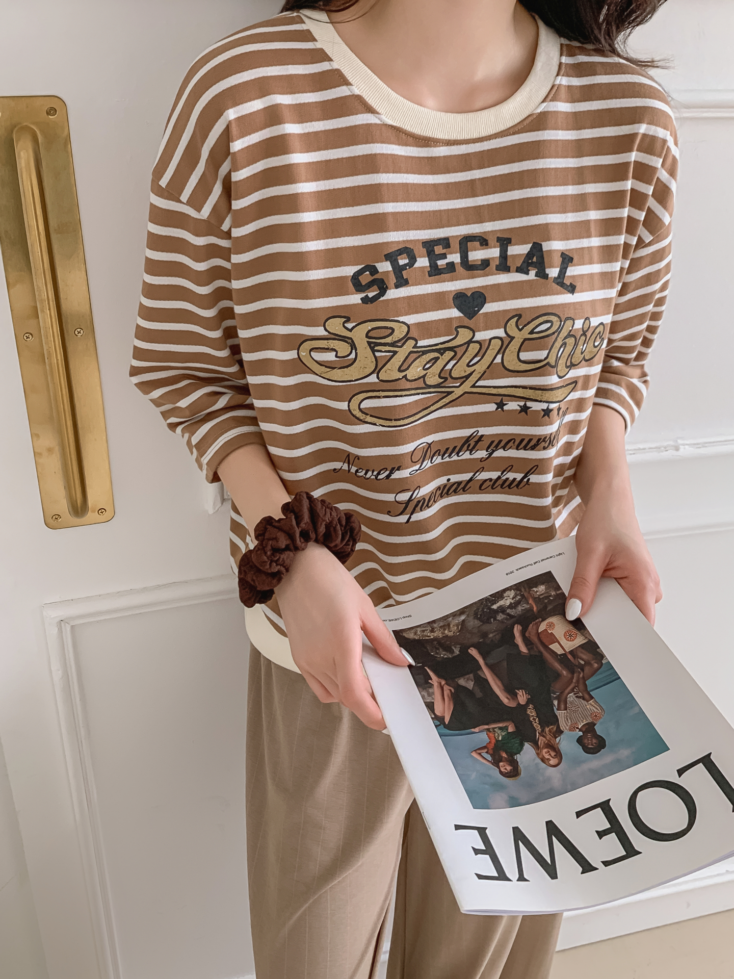 ラウンドネック7分袖ボーダーTシャツスウェット | 詳細画像7