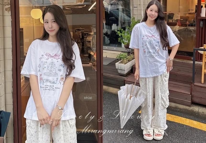 コットンラウンドネック半袖プリントTシャツ | mirangmirang | 詳細画像1