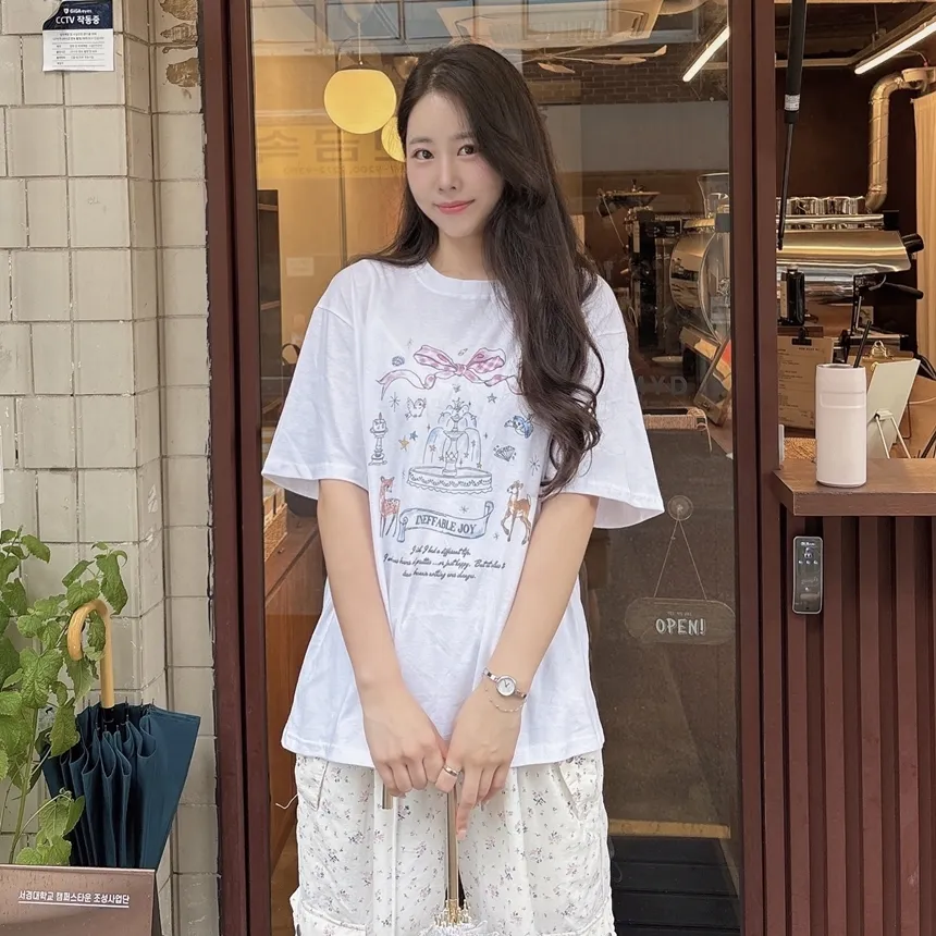 コットンラウンドネック半袖プリントTシャツ | mirangmirang | 詳細画像2