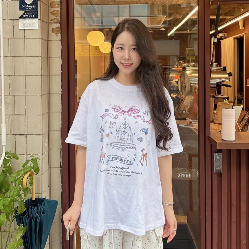 コットンラウンドネック半袖プリントTシャツ | mirangmirang | 詳細画像3
