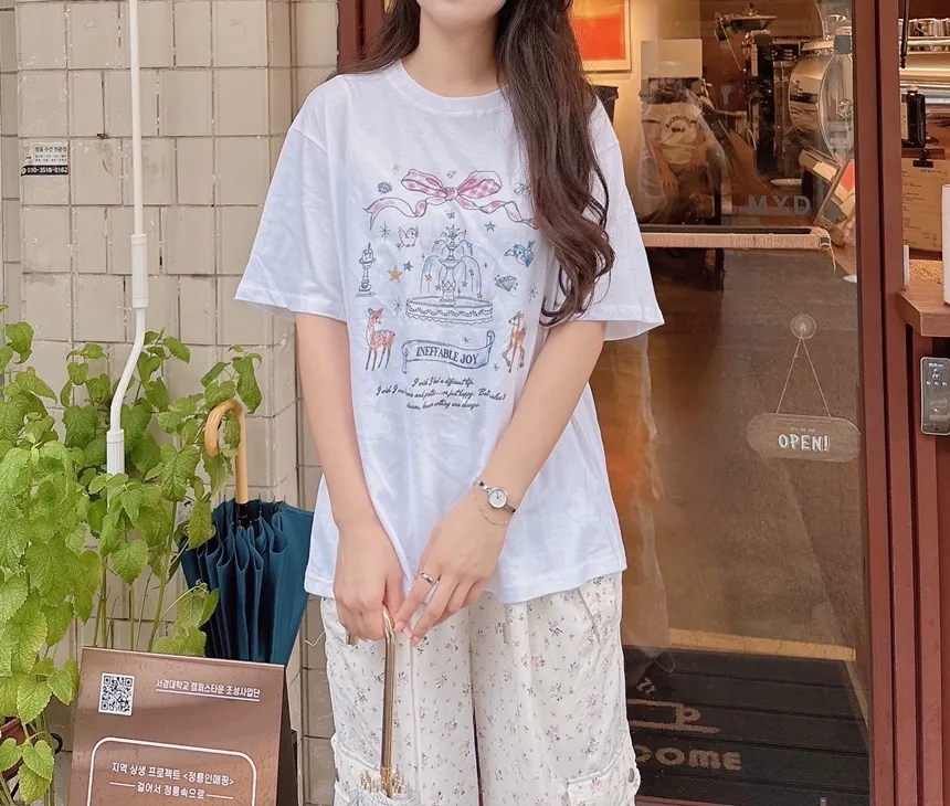 コットンラウンドネック半袖プリントTシャツ | mirangmirang | 詳細画像5