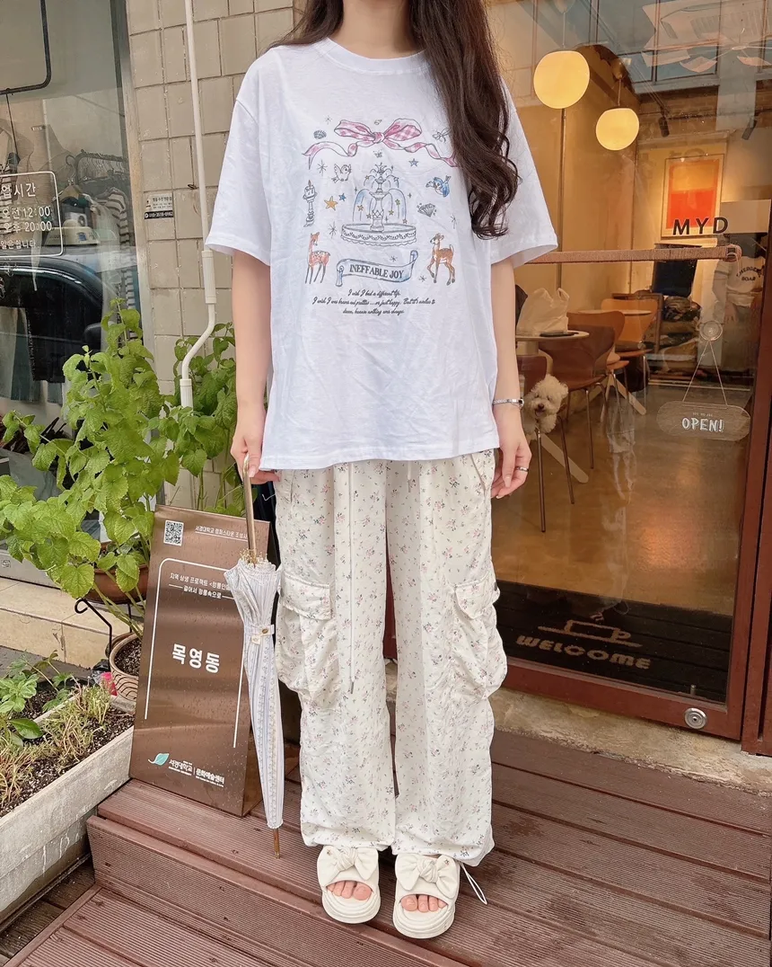 コットンラウンドネック半袖プリントTシャツ | mirangmirang | 詳細画像6