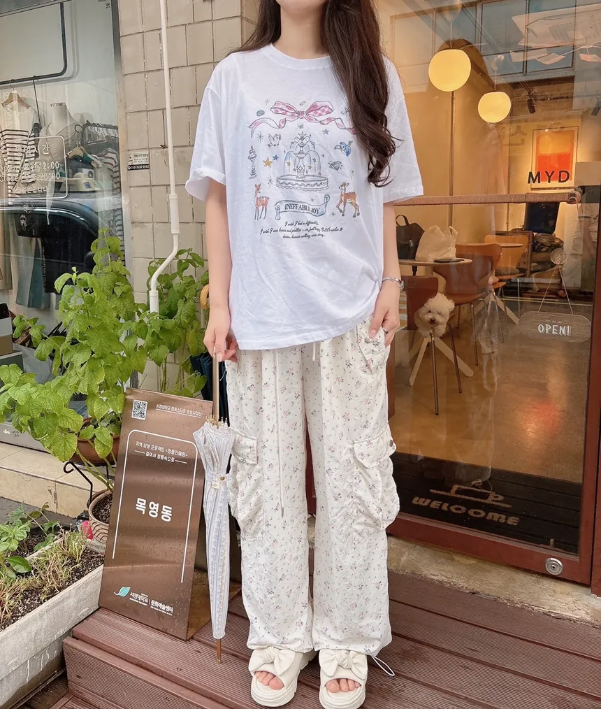 コットンラウンドネック半袖プリントTシャツ | mirangmirang | 詳細画像7