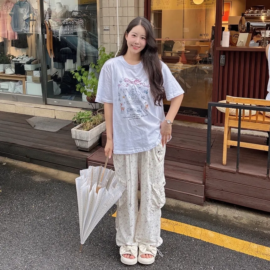 コットンラウンドネック半袖プリントTシャツ | mirangmirang | 詳細画像13